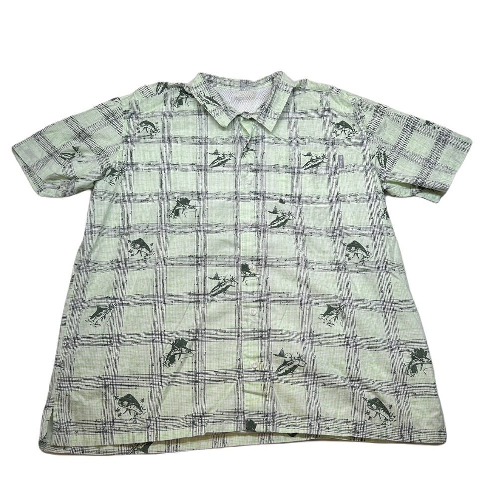 Columbia PFG Fishing Shirt Mens 2XL Green Marlin Plaid Short‎ Sleeve Button Up